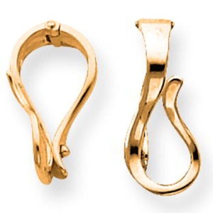 May include: Two gold-colored jewelry clasps. One clasp is closed, showing a curved, teardrop shape with a hinged closure. The other clasp is open, revealing a similar teardrop design with a straight top and curved bottom.