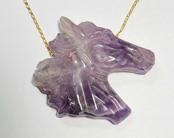 UNISEX 2" Hand Carved Amethyst Horse Head Necklace with 18" 14K Yellow Gold Filled or Solid Sterling Silver Chain