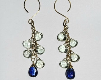 One of a Kind 3 3/8" Aquamarine and Kyanite Cluster Earrings 14K Gold Filled
