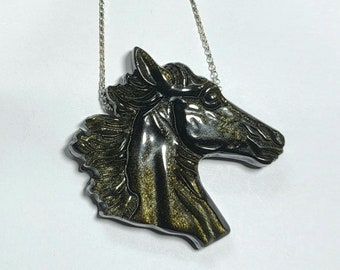 UNISEX 2" Hand Carved Gold Obsidian Horse Head Necklace with 18" 14K Yellow Gold Filled or Solid Sterling Silver Chain