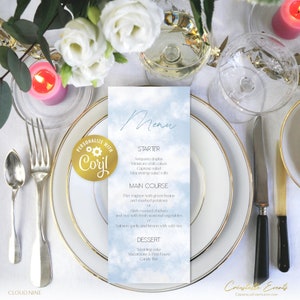 Modelo de menu de casamento On Cloud Nine, menus editáveis 3,75x9 + 5x7, impressão digital do céu, cartão de casamento azul empoeirado, modelo Corjl