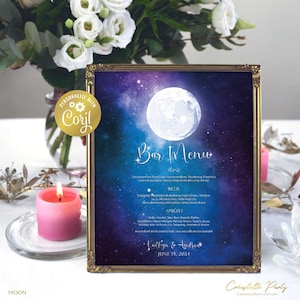 Moon Bar Menü Hochzeit Zeichen Vorlage, Nachthimmel bearbeitbar druckbar, Sterne trinken Zeichen, himmlisch, Galaxie, Corjl Vorlage