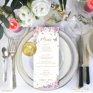 Plantilla de menú de boda con mariposas, menús editables de 3,75 x 9 + 5 x 7, imprimibles digitalmente en dorado y lavanda, tarjeta floral morada, plantilla corjl