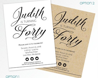Birthday printable invitation, pink elegant party invitation, modern black and white digital invitation, elegant script font