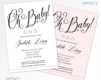 Baby shower printable invitation, elegant shower invitation, modern black and pink digital invitation, elegant script font