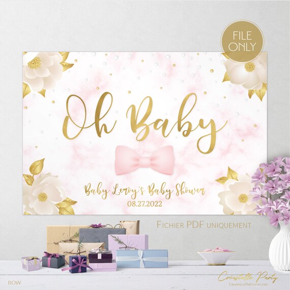 Digital Oh Baby Party Backdrop File Floral Party Poster Bow Party Decoration Gold Pink Clouds Background Marble File Only By Creastelle Party Catch My Party