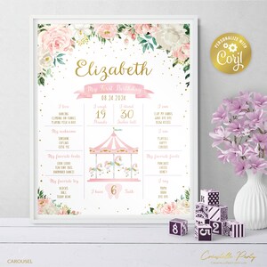 Peut inclure: Une affiche de premier anniversaire rose et or sur le th&egrave;me du carrousel. L'affiche pr&eacute;sente un motif floral avec un carrousel rose et or au centre. Le texte sur l'affiche indique "Elizabeth Mon premier anniversaire 08.24.2024".