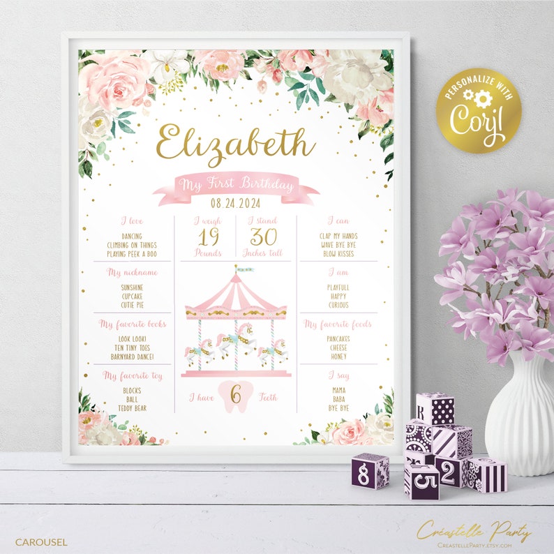 Peut inclure: Une affiche de premier anniversaire rose et or sur le th&egrave;me du carrousel. L'affiche pr&eacute;sente un motif floral avec un carrousel rose et or au centre. Le texte sur l'affiche indique "Elizabeth Mon premier anniversaire 08.24.2024".