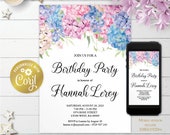 Hydrangea invitation, editable pink and blue birthday digital invitation, spring printable, watercolor floral evite, corjl template Il_170x135