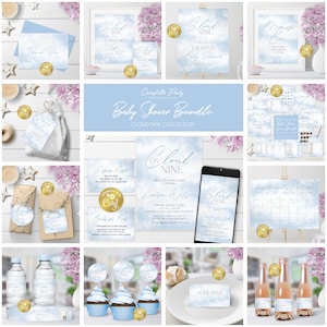 Cloud nine editable baby shower decoration package, sky baby shower bundle, digital party decor, gender neutral printable pack, corjl