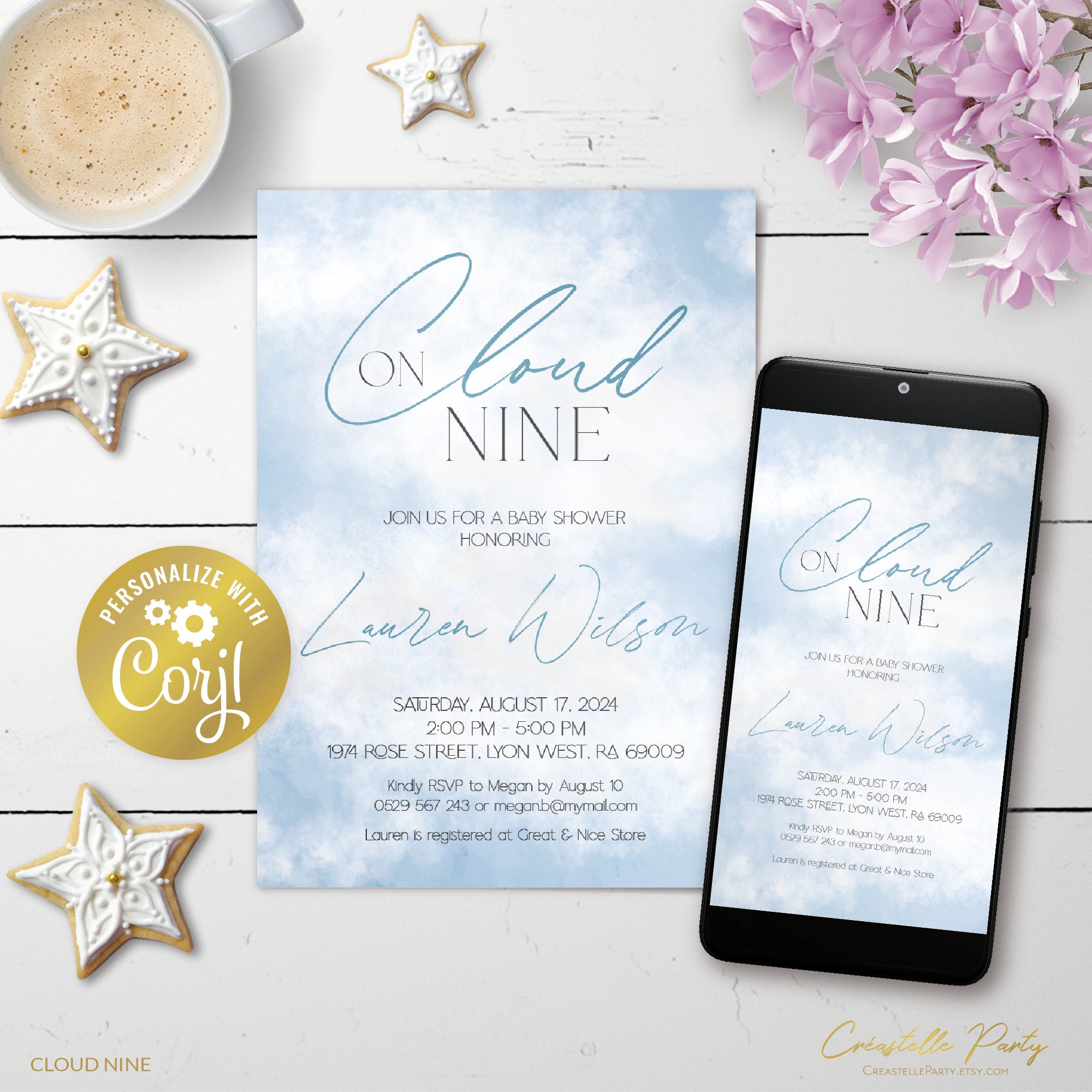 Cloud nine invitation, editable sky baby shower digital invitation, blue printable, gender neutral evite, corjl template