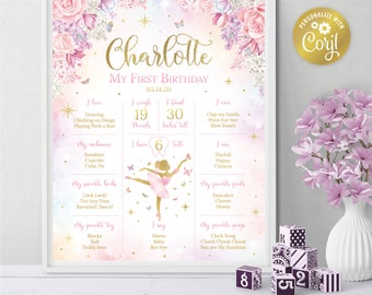 Segno fondamentale del primo compleanno di ballerina e farfalla, modello di compleanno stampabile floreale, poster del primo compleanno del bambino, modificabile con Corjl