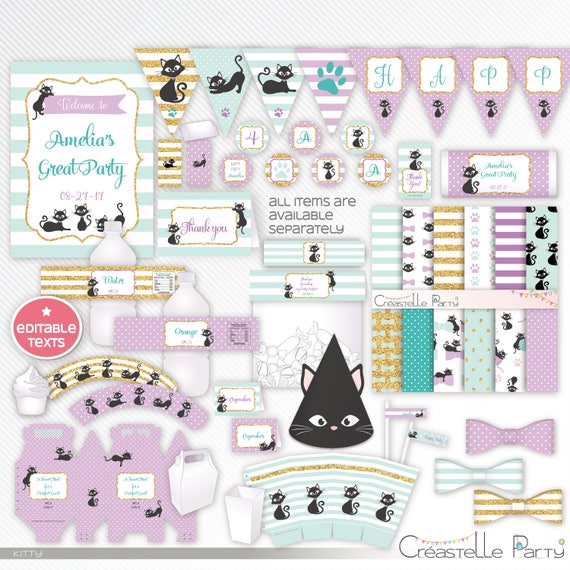 Kitty Cat, Kitten editable party package, lavendar, turquoise and gold glitter printable decoration set, purple kit, INSTANT DOWNLOAD Il_570xn