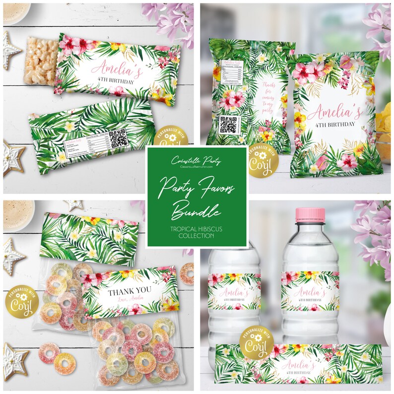 Tropical Floral Editable Party Treats Package, Hawaiian Flowers Snacks