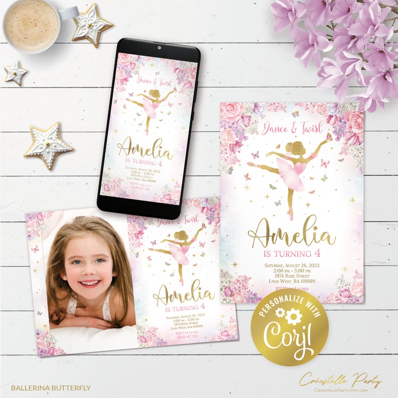May include: A printable invitation for a ballerina themed birthday party. The invitation features a pink and gold ballerina with butterflies and flowers. The text on the invitation reads "Dance & Twirl Amelia is turning 4".