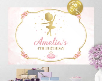 Puede incluir: Un telón de fondo de cumpleaños de temática de bailarina rosa y dorado con una silueta de bailarina, estrellas y flores. El texto "Amelia's 4th Birthday" está escrito en letras doradas.