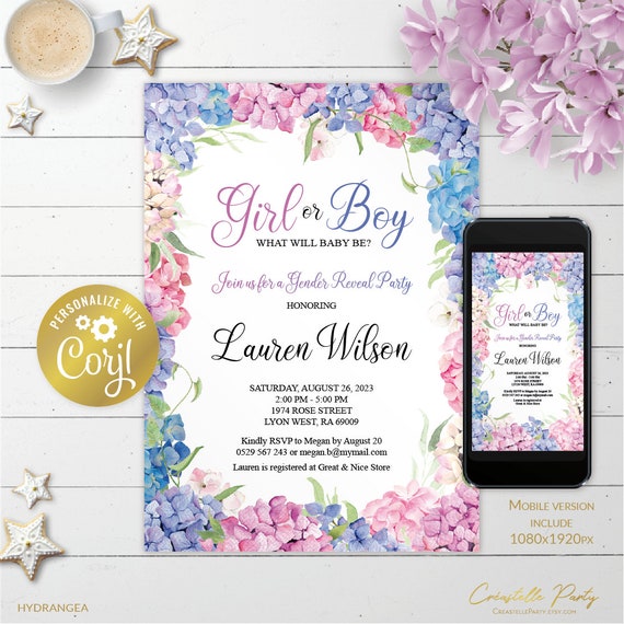 Hydrangea gender reveal party invitation, editable pink, blue baby