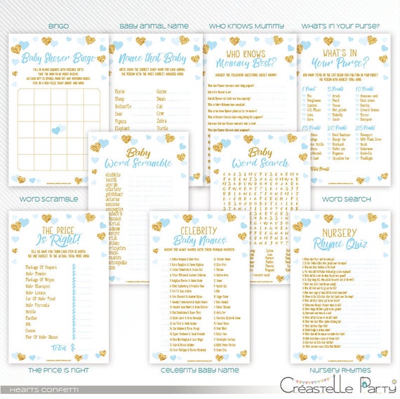 Princess baby shower printable games package 2 INSTANT DOWNLOAD blue and gold glitter royal game bundle