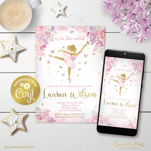 May include: A pink and gold baby shower invitation with a ballerina and butterflies. The invitation reads "We're Julu excited" and "Lauren Wilson".