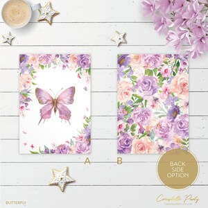 May include: Two printable designs for a butterfly themed party invitation. The first design features a purple butterfly with a floral border. The second design features a floral pattern with purple and pink flowers.