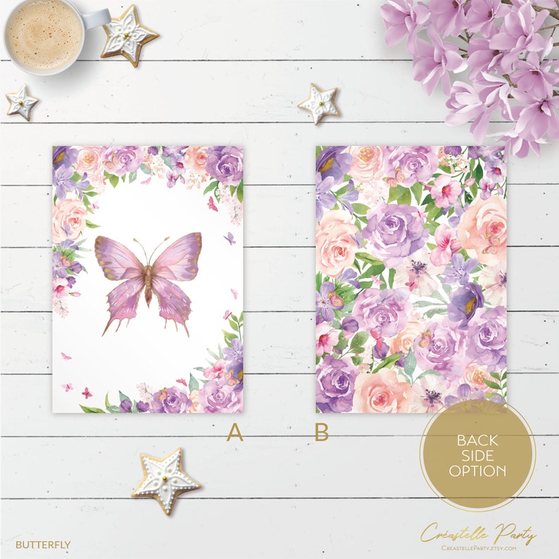 May include: Two printable designs for a butterfly themed party invitation. The first design features a purple butterfly with a floral border. The second design features a floral pattern with purple and pink flowers.