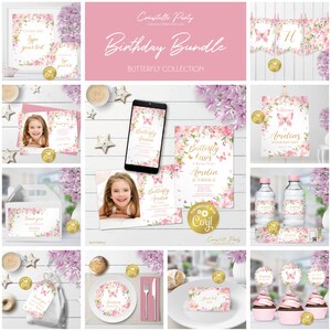 Butterfly editable party decoration package, pink and gold birthday printable, digital party supplies, floral pack, corjl template