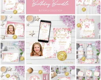 Butterfly editable party decoration package, pink and gold birthday printable, digital party supplies, floral pack, corjl template