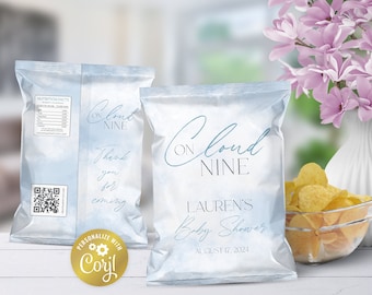 Cloud nine editable chip bag wrapper, sky baby shower snacks label, gender neutral digital party favor, printable label, corjl template