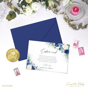 Carte personnalisée modifiable floral bleu, modèle d'insertion de mariage imprimable bleu marine et crème, boîtier numérique fleurs et verdure, modèle corjl