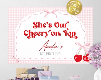 Editable cherry pink backdrop file, pretty coquette party poster, she's the cherry on top decor, background, corjl template, FILE ONLY