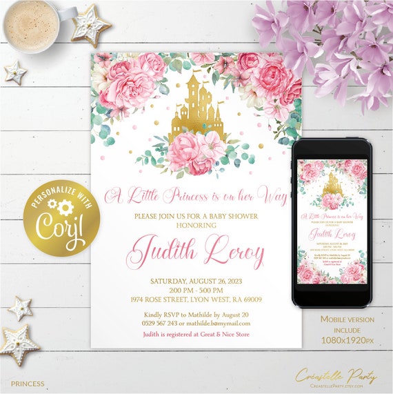 Editable princess invitation, royal castle printable, pink and gold baby shower digital invitation, watercolor floral evite, edit with CORJL Il_570xn