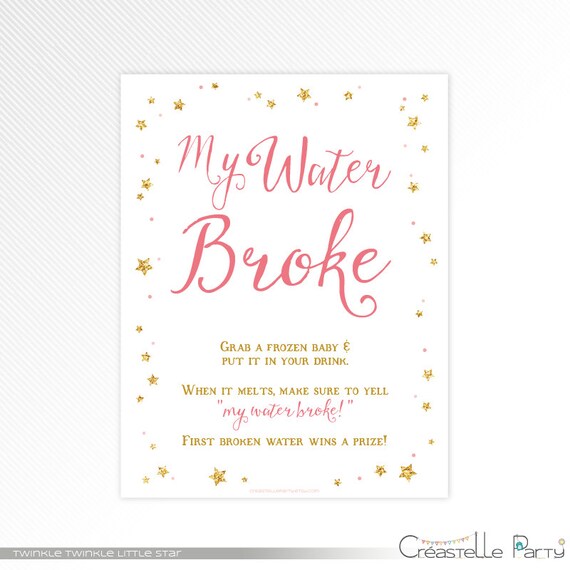 Pink and glitter Twinkle, twinkle, little star My Water Broke game sign, baby shower printable game INSTANT DOWNLOAD Il_570xn