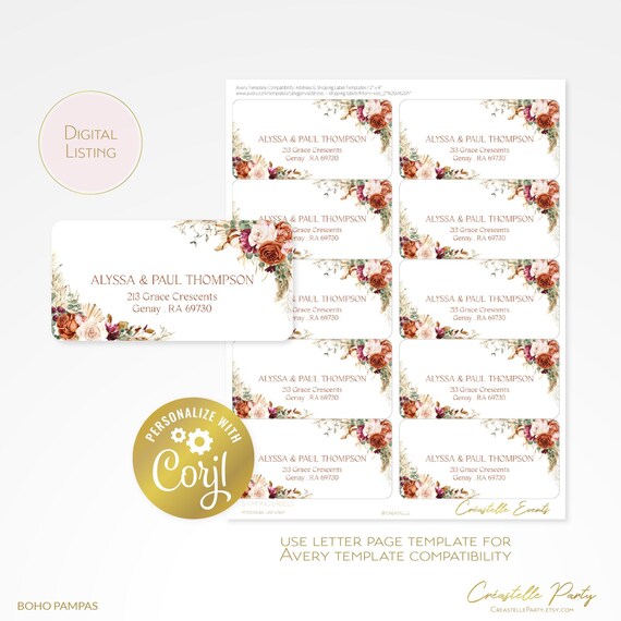 Boho Pampas Address Labels, Shipping Printable Label Template