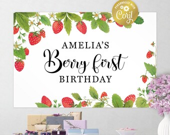 Archivo de fresa editable, póster de primera fiesta de bayas, decoración, fondo de cumpleaños rojo, plantilla corjl, SÓLO ARCHIVO