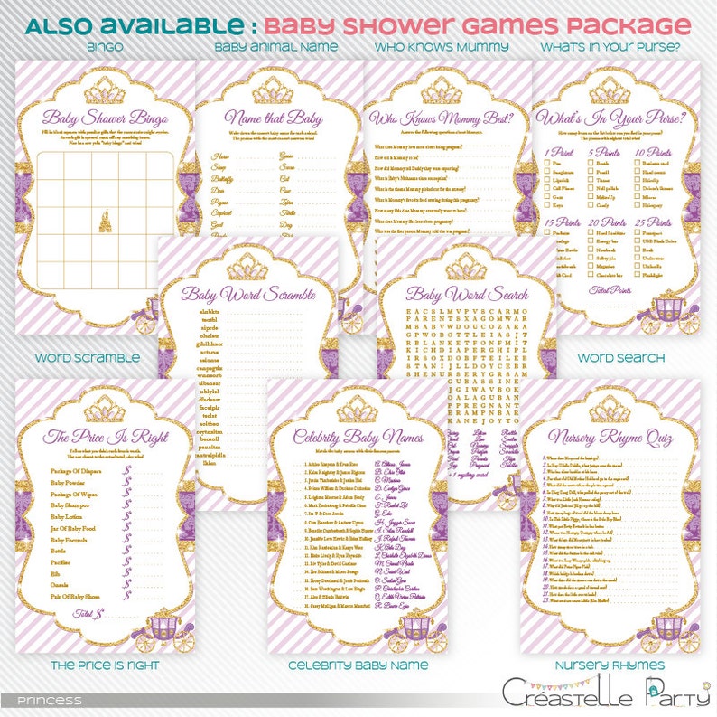 Glitter Princess Baby Bag Game purple and gold baby shower Etsy