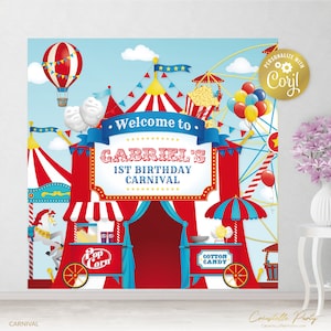 Editable carnival backdrop file, square big top party poster, decoration, red and blue circus birthday background, corjl template, FILE ONLY