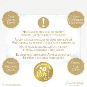May include: A digital download notice with text in English, French, German, Spanish, and Polish. The text states that no physical item will be shipped and that the buyer will need to print the file themselves. The text is surrounded by a gold snowflake pattern.