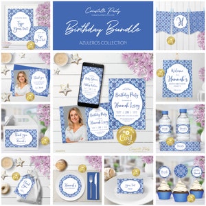 Mediterranean, tuscan editable party decor package, azulejos blue tile printable, italian digital party supplies, corjl template