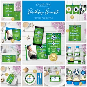 Soccer field editable party decoration package, blue football birthday printable, digital party supplies, sport team pack, corjl template