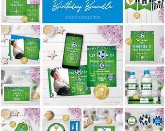Soccer field editable party decoration package, blue football birthday printable, digital party supplies, sport team pack, corjl template