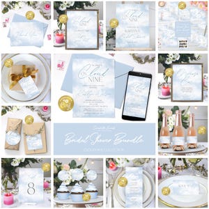 On cloud nine bridal shower template bundle, sky invitation suite, game pack, dusty blue printable stationery, corjl template