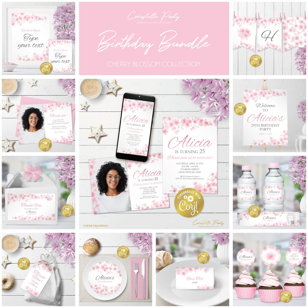 Cherry Blossom Editable Party Decoration Package, Watercolor Pink ...