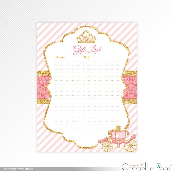 Glitter Princess Baby Shower Gift List, pink and gold baby shower printable game, INSTANT DOWNLOAD Il_570xn