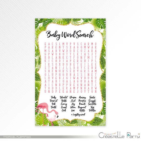 Tropical flamingo Word Search baby shower printable game pink | Etsy