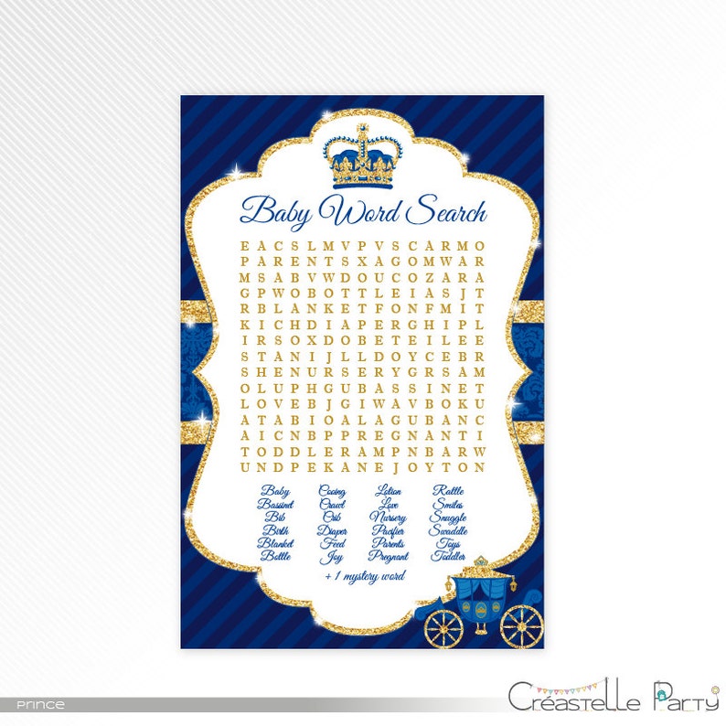 Glitter Prince word search navy blue and gold baby shower | Etsy