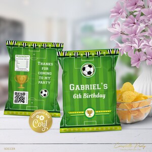 May include: Green and white chip bags with a football, trophy, and stars. One bag says "Thanks for coming to my party" and the other says "Gabriel's 6th Birthday".