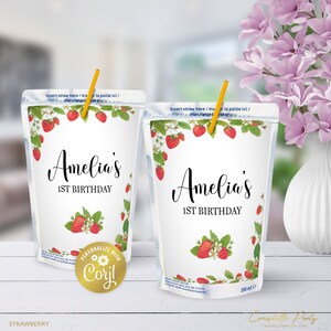 Strawberry editable juice pouch label, sweet berry birthday snack label, digital party favor, printable label, corjl template
