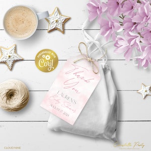 May include: Pink and white watercolor thank you tag with gold lettering. The tag says "Thank You" and "Lauren's Baby Shower August 17, 2024".