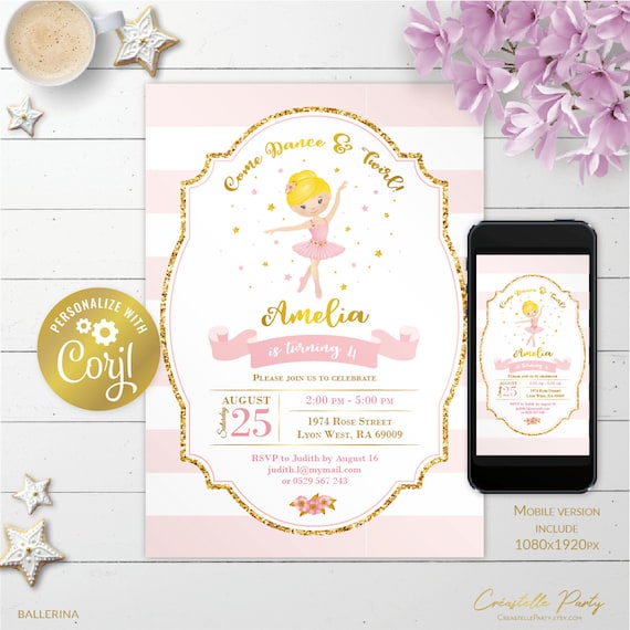 Pink ballerina birthday printable invitation, pink and gold tutu party invitation, photo invitation, ballet digital invite, edit with CORJL Il_570xn