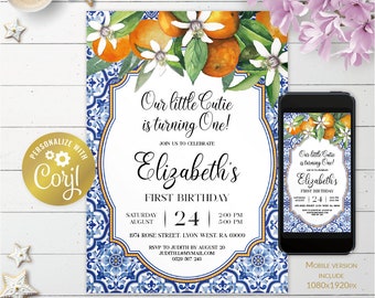 Mediterranean oranges, a little cutie editable printable invitation, clementine birthday digital invitation, azulejos evite, corjl template
